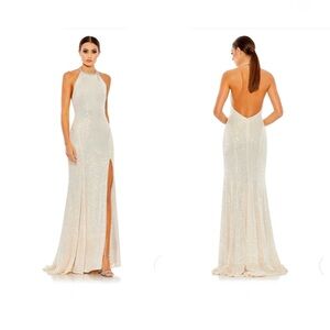 Ieena for Mac Duggal SEQUINED HIGH NECK RHINESTONE TRIM COLUMN Iridescent GOWN